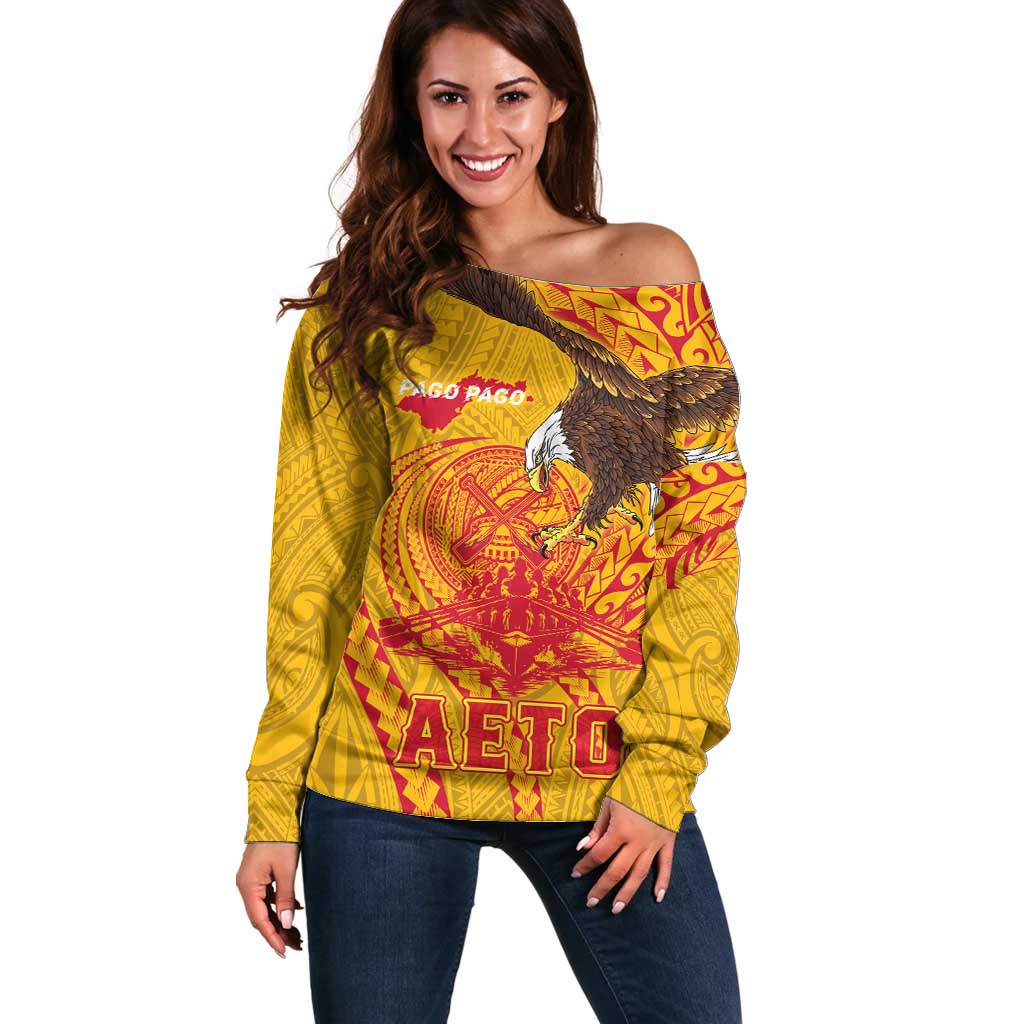 Personalized American Samoa Fautasi Race Off Shoulder Sweater Aeto Pago Pago with Eagle Samoan Tribal Patterns LT03 Women Multicolor - Polynesian Pride