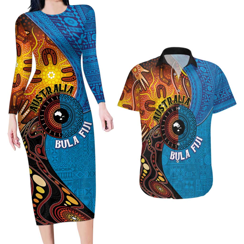 Fiji and Australia Together Couples Matching Long Sleeve Bodycon Dress and Hawaiian Shirt Tapa Tribal Tattoo mix Aboriginal Pattern