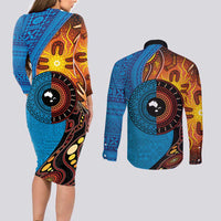 Fiji and Australia Together Couples Matching Long Sleeve Bodycon Dress and Long Sleeve Button Shirt Tapa Tribal Tattoo mix Aboriginal Pattern
