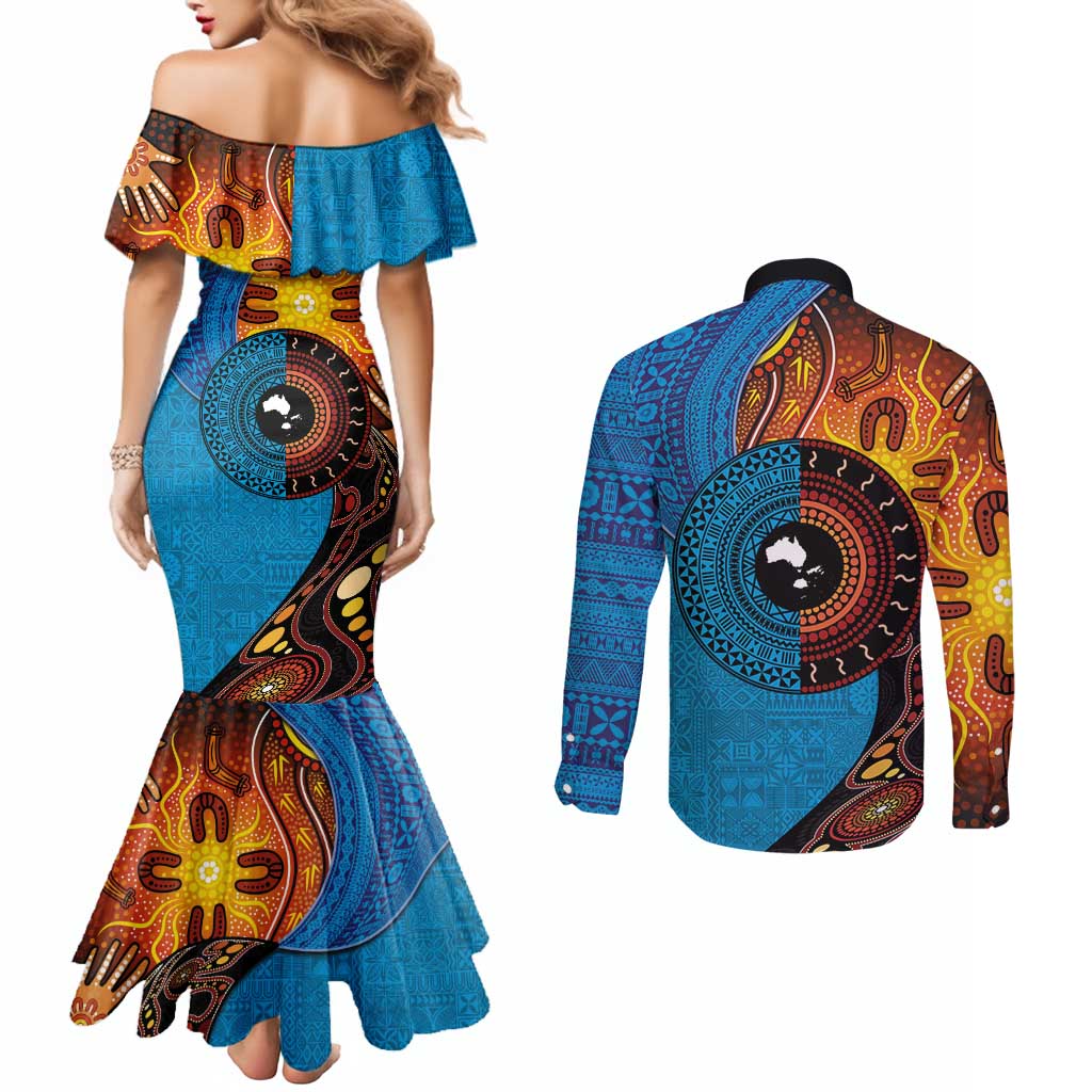 Fiji and Australia Together Couples Matching Mermaid Dress and Long Sleeve Button Shirt Tapa Tribal Tattoo mix Aboriginal Pattern