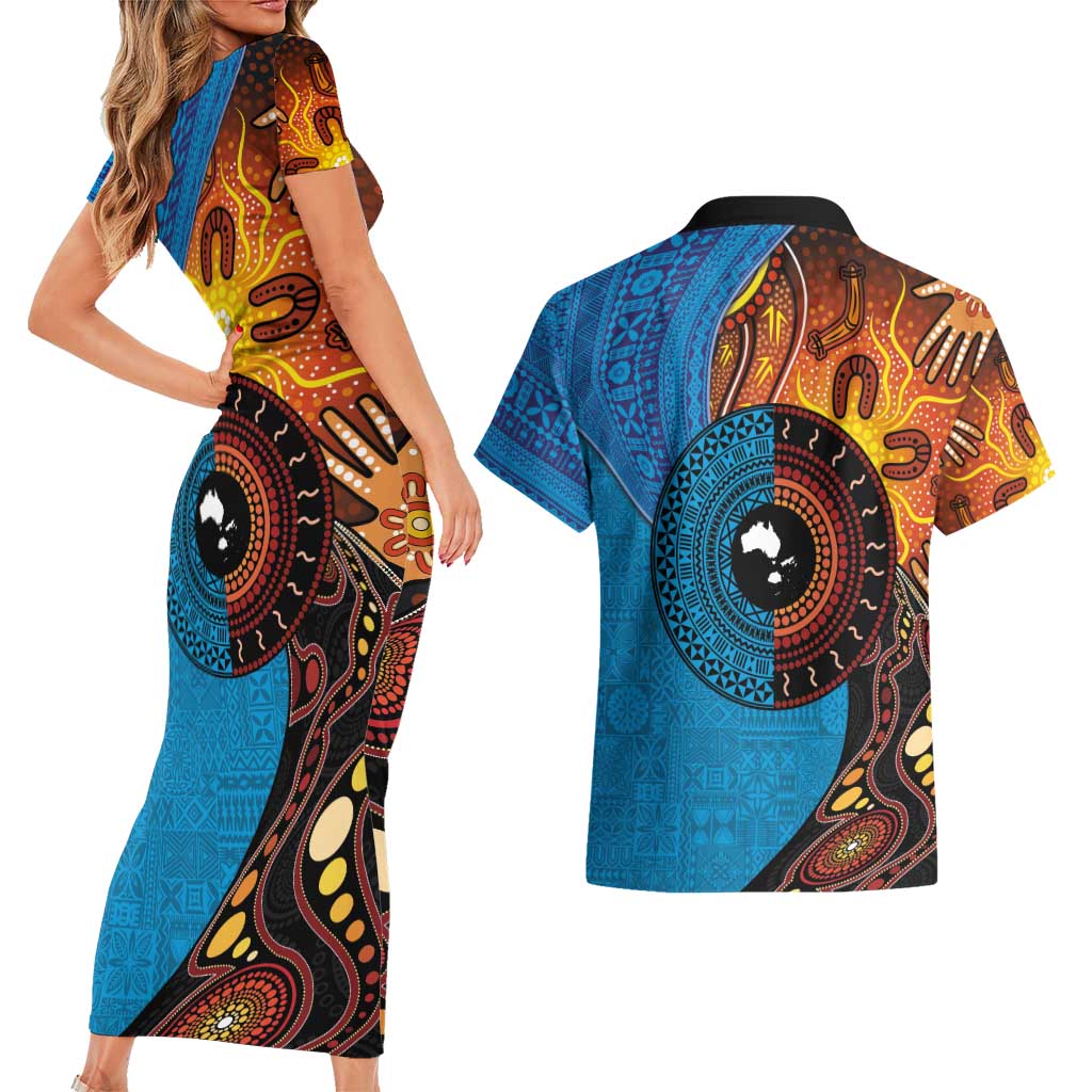 Fiji and Australia Together Couples Matching Short Sleeve Bodycon Dress and Hawaiian Shirt Tapa Tribal Tattoo mix Aboriginal Pattern