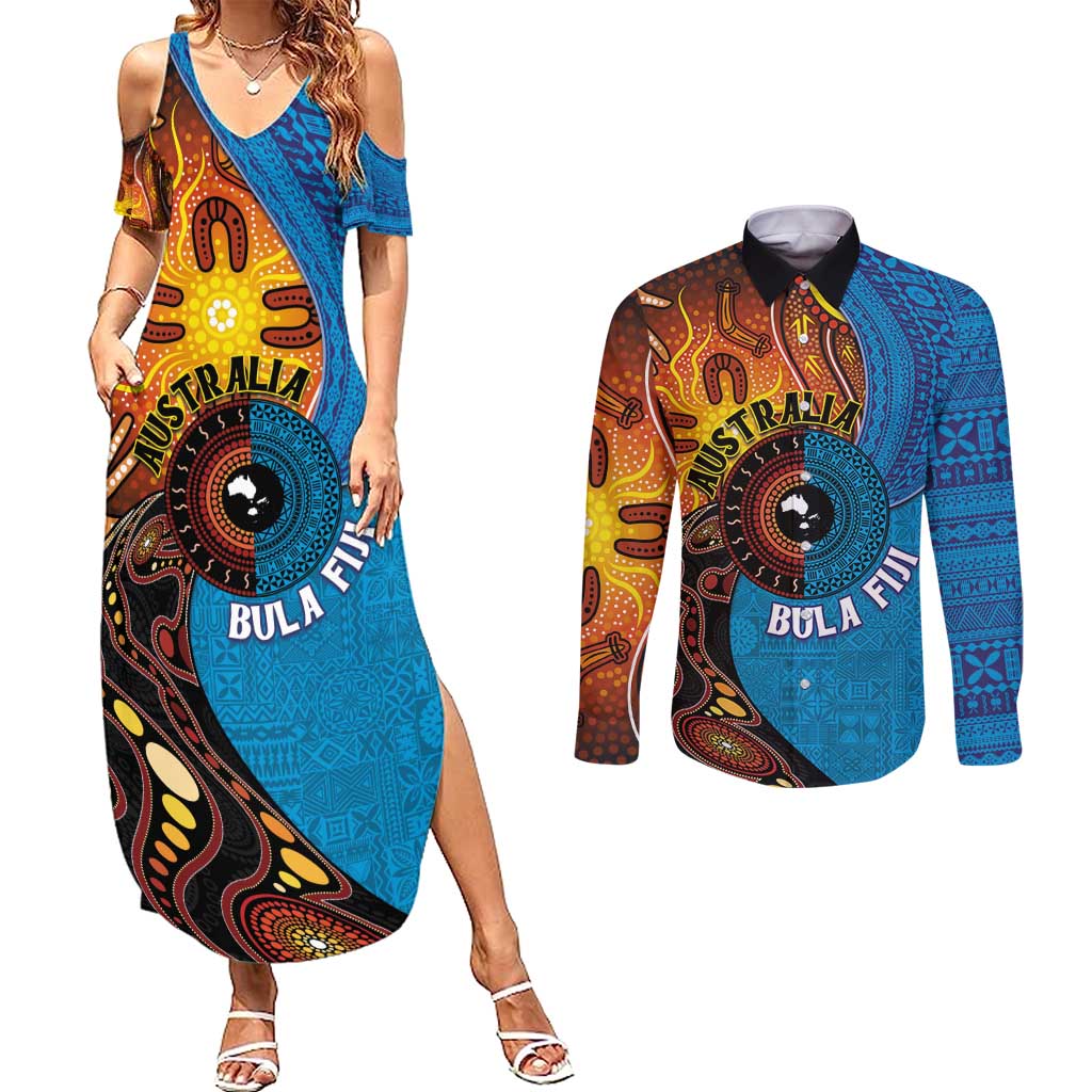 Fiji and Australia Together Couples Matching Summer Maxi Dress and Long Sleeve Button Shirt Tapa Tribal Tattoo mix Aboriginal Pattern