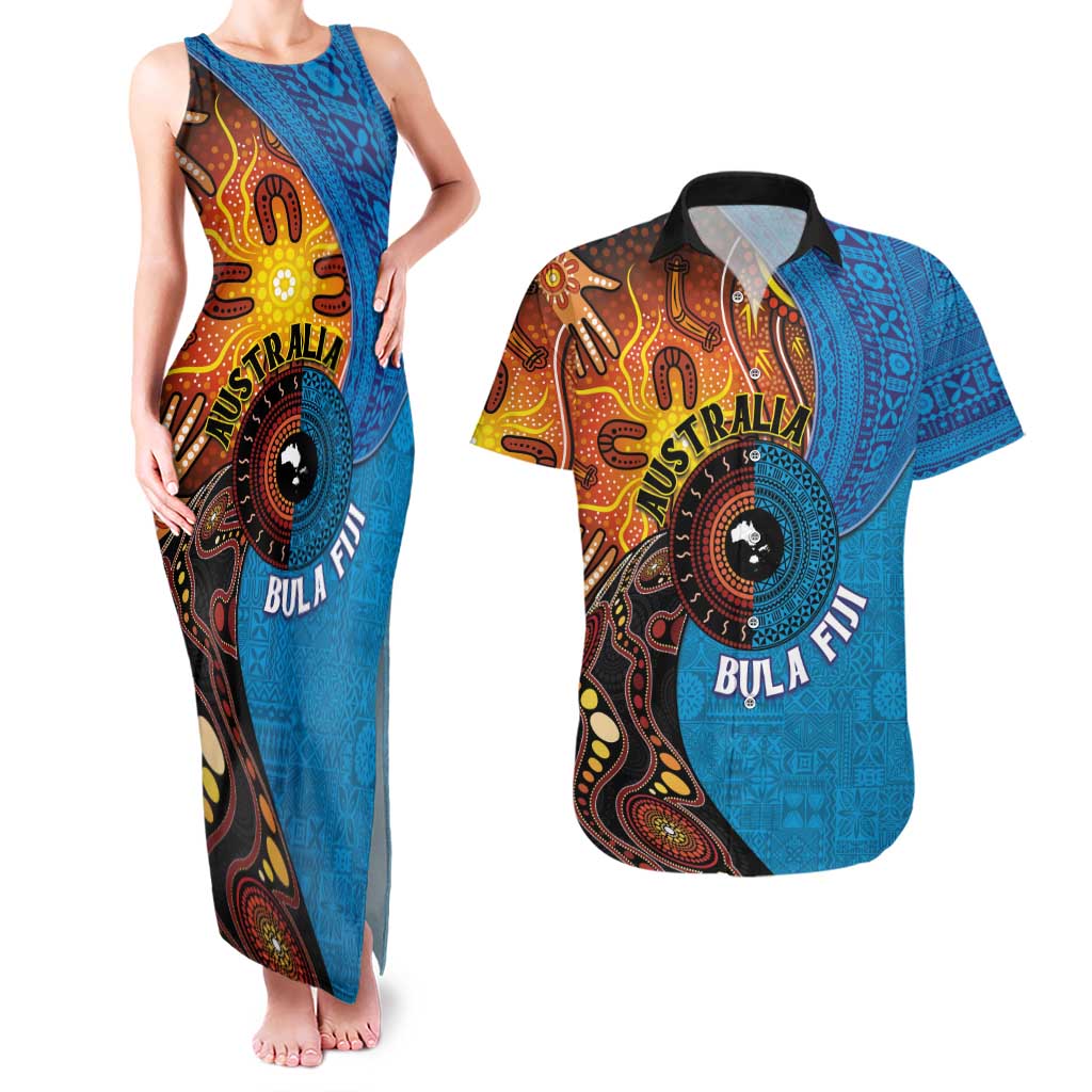 Fiji and Australia Together Couples Matching Tank Maxi Dress and Hawaiian Shirt Tapa Tribal Tattoo mix Aboriginal Pattern