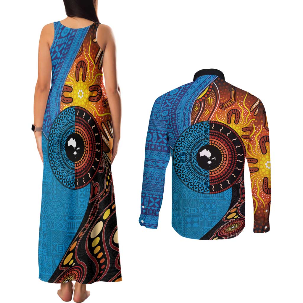 Fiji and Australia Together Couples Matching Tank Maxi Dress and Long Sleeve Button Shirt Tapa Tribal Tattoo mix Aboriginal Pattern