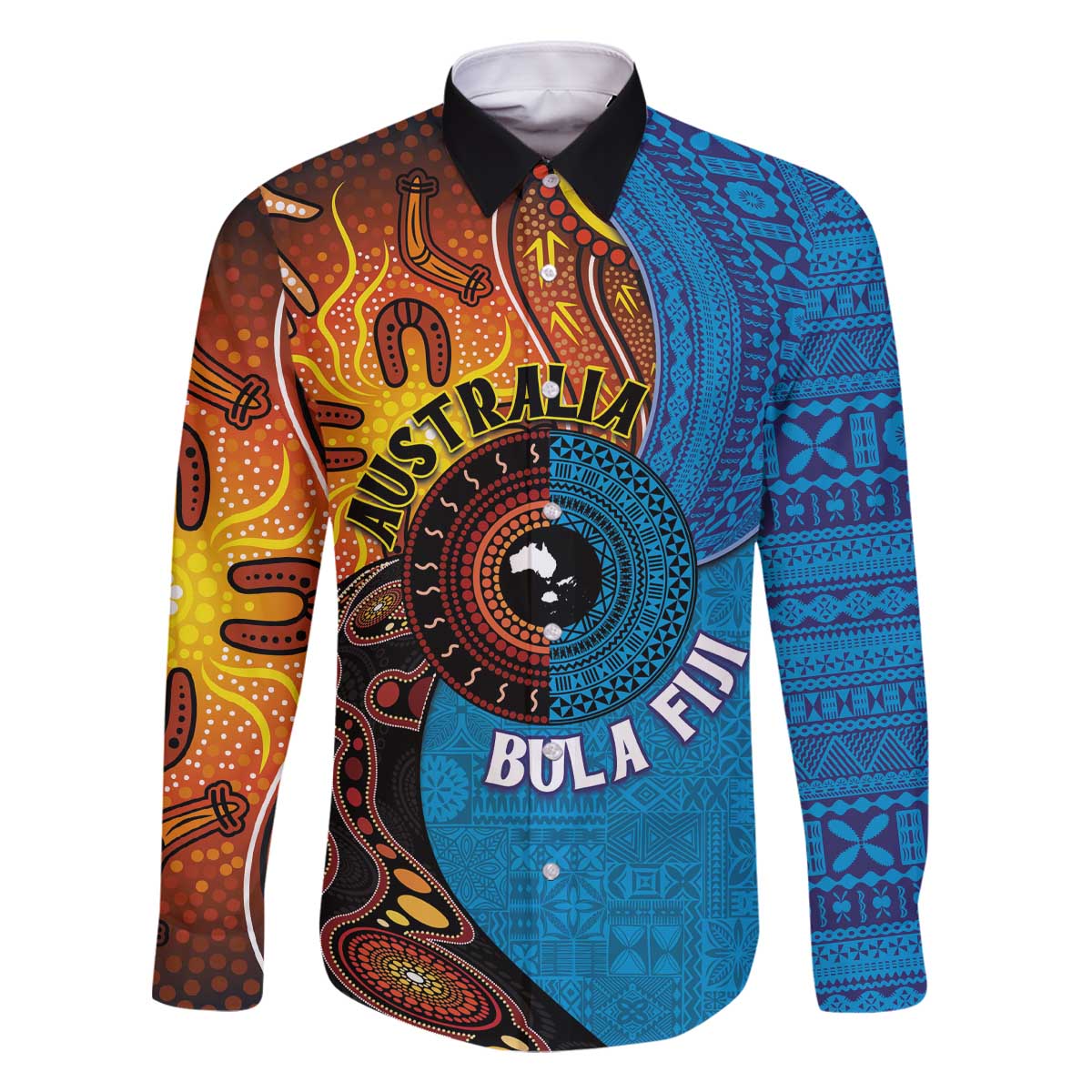 Fiji and Australia Together Family Matching Off The Shoulder Long Sleeve Dress and Hawaiian Shirt Tapa Tribal Tattoo mix Aboriginal Pattern