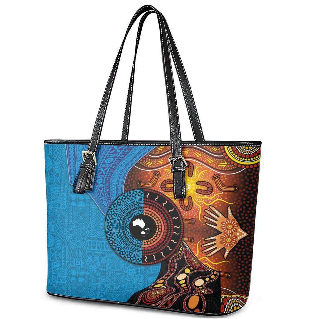 Fiji and Australia Together Leather Tote Bag Tapa Tribal Tattoo mix Aboriginal Pattern