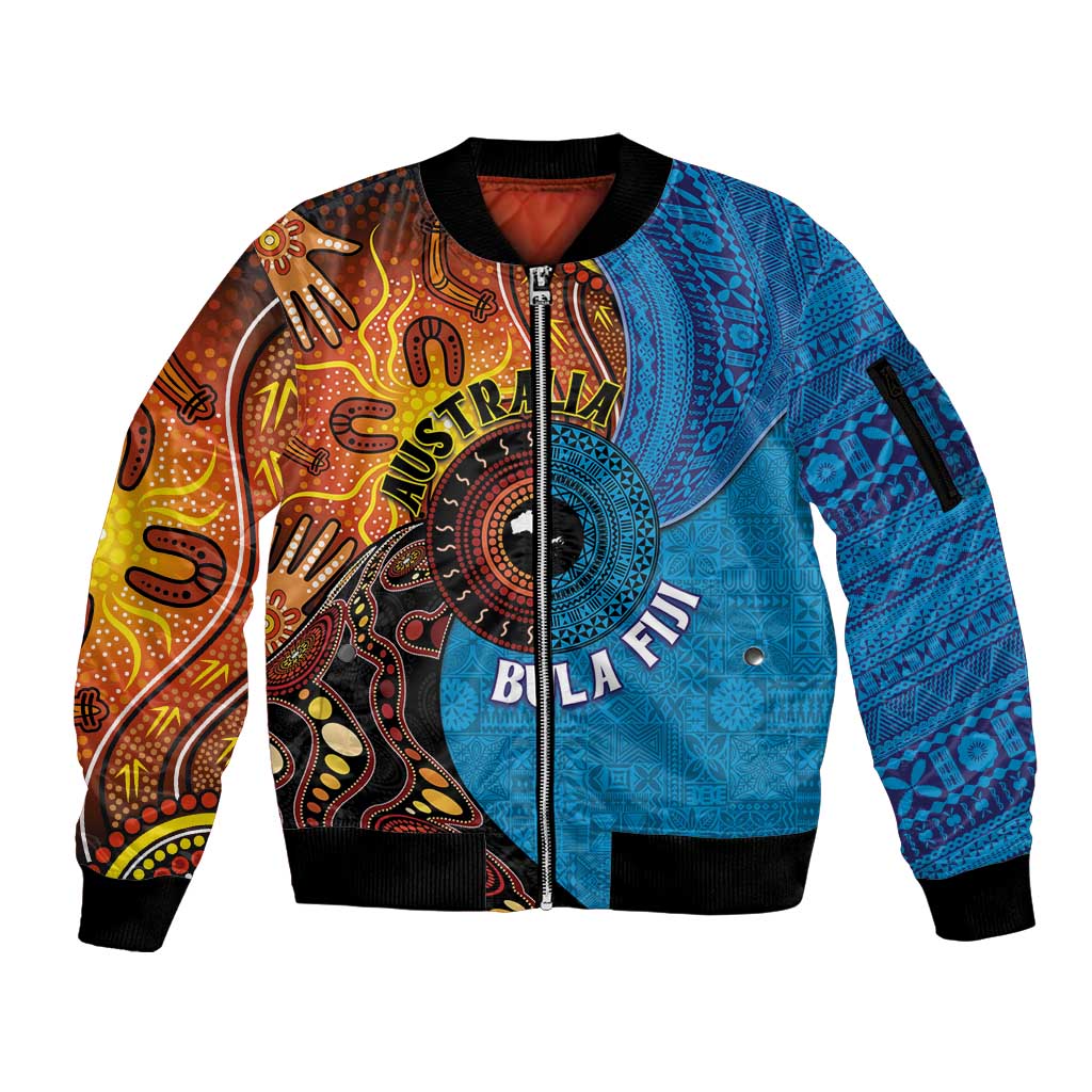 Fiji and Australia Together Sleeve Zip Bomber Jacket Tapa Tribal Tattoo mix Aboriginal Pattern