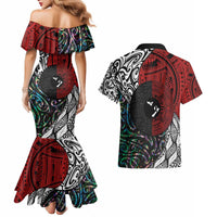 Tonga and New Zealand Together Couples Matching Mermaid Dress and Hawaiian Shirt Tongan Kupesi Ngatu Tattoo and Maori Paua Shell Pattern