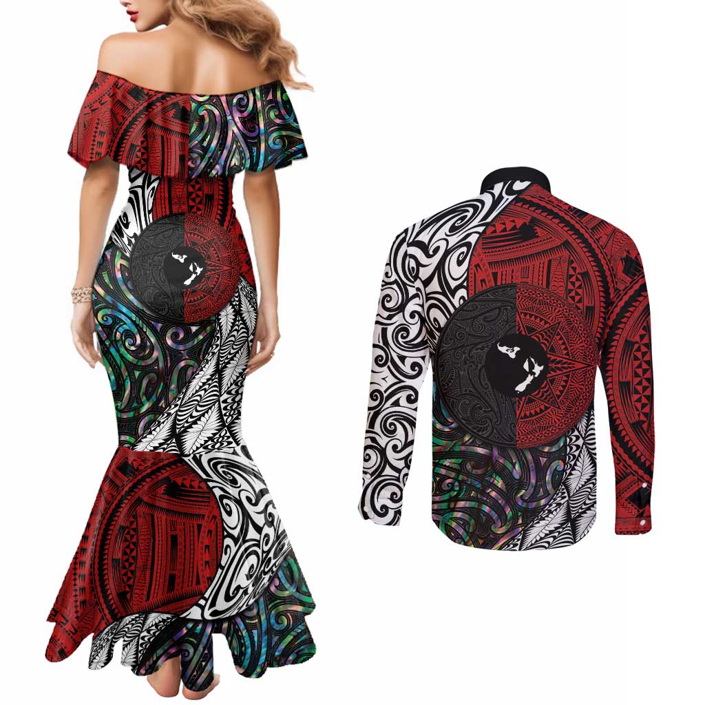 Tonga and New Zealand Together Couples Matching Mermaid Dress and Long Sleeve Button Shirt Tongan Kupesi Ngatu Tattoo and Maori Paua Shell Pattern