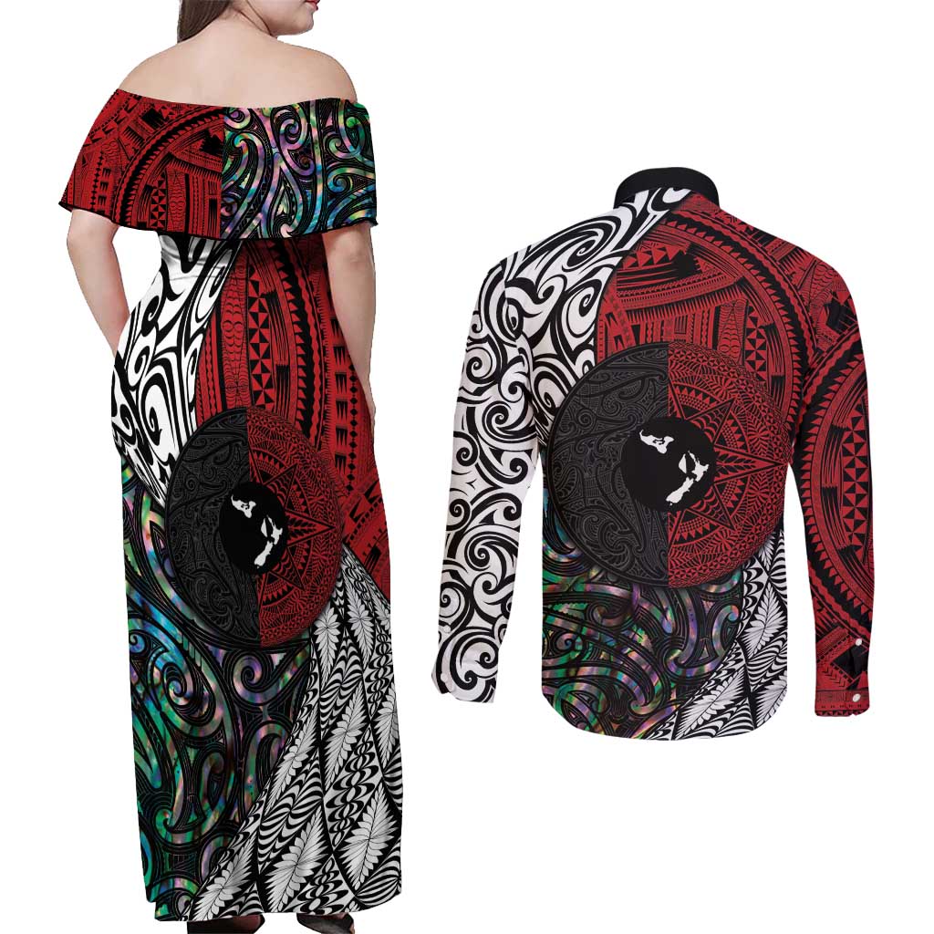 Tonga and New Zealand Together Couples Matching Off Shoulder Maxi Dress and Long Sleeve Button Shirt Tongan Kupesi Ngatu Tattoo and Maori Paua Shell Pattern