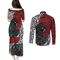 Tonga and New Zealand Together Couples Matching Puletasi and Long Sleeve Button Shirt Tongan Kupesi Ngatu Tattoo and Maori Paua Shell Pattern