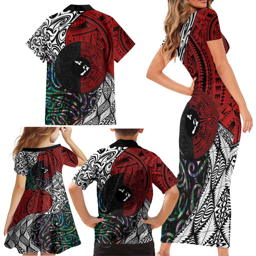 Tonga and New Zealand Together Family Matching Short Sleeve Bodycon Dress and Hawaiian Shirt Tongan Kupesi Ngatu Tattoo and Maori Paua Shell Pattern