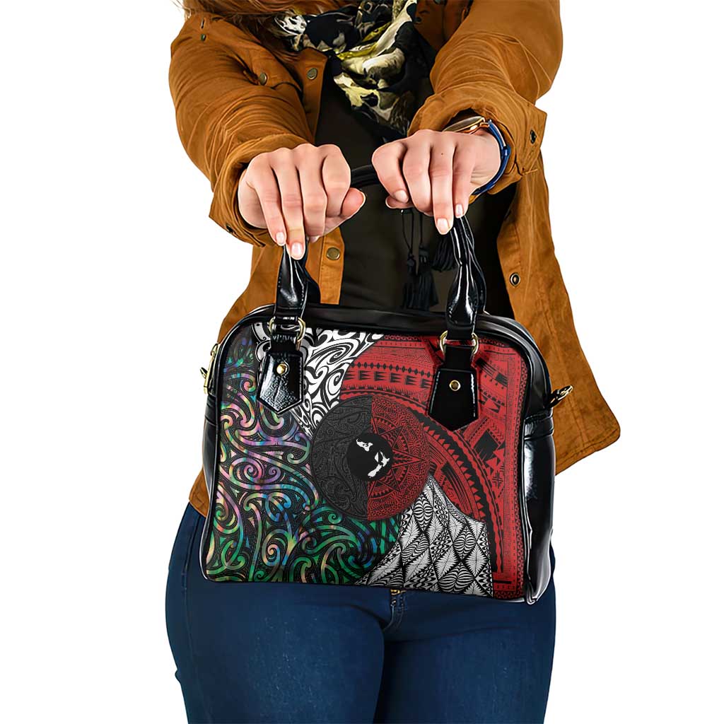 Tonga and New Zealand Together Shoulder Handbag Tongan Kupesi Ngatu Tattoo and Maori Paua Shell Pattern