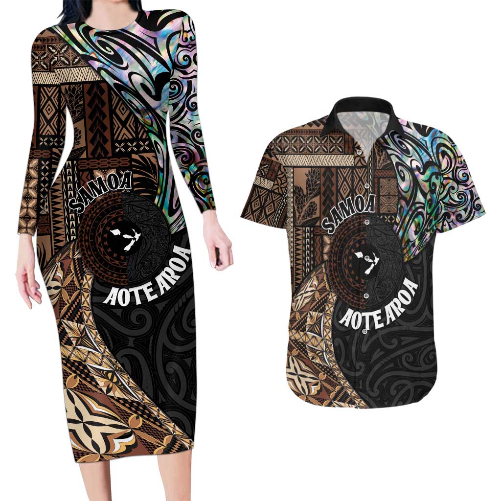 Samoa and New Zealand Together Couples Matching Long Sleeve Bodycon Dress and Hawaiian Shirt Siapo Motif and Maori Paua Shell Pattern