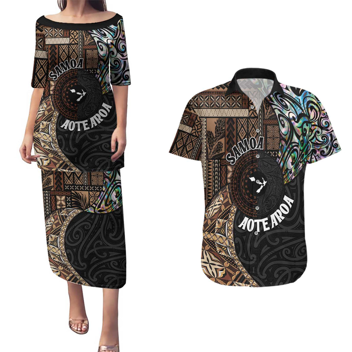 Samoa and New Zealand Together Couples Matching Puletasi and Hawaiian Shirt Siapo Motif and Maori Paua Shell Pattern