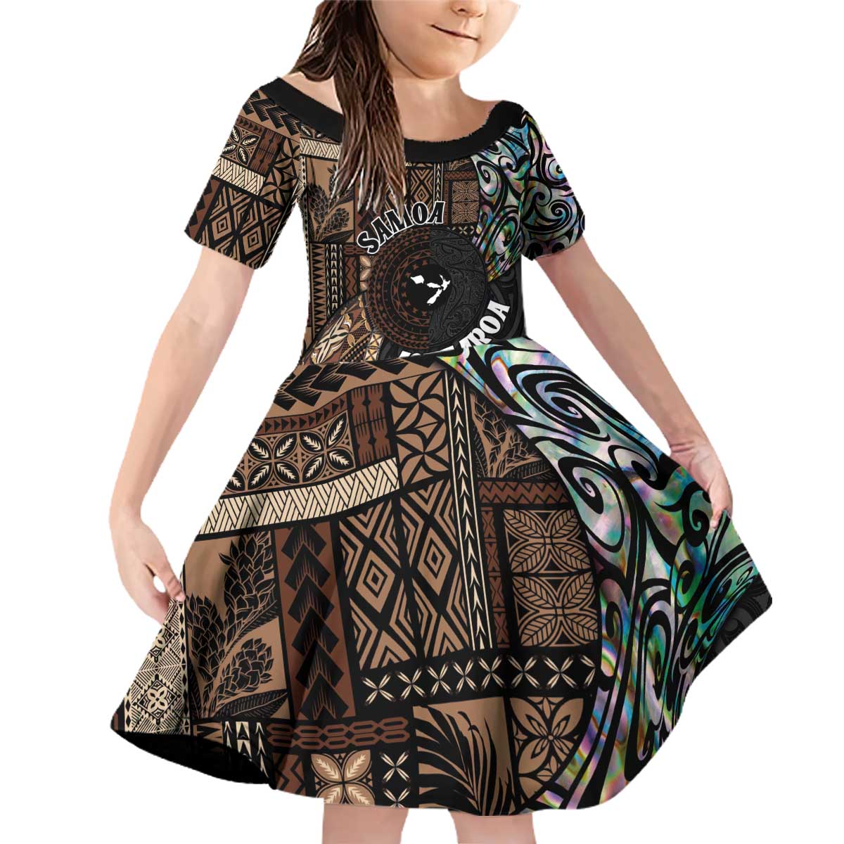 Samoa and New Zealand Together Family Matching Off Shoulder Short Dress and Hawaiian Shirt Siapo Motif and Maori Paua Shell Pattern