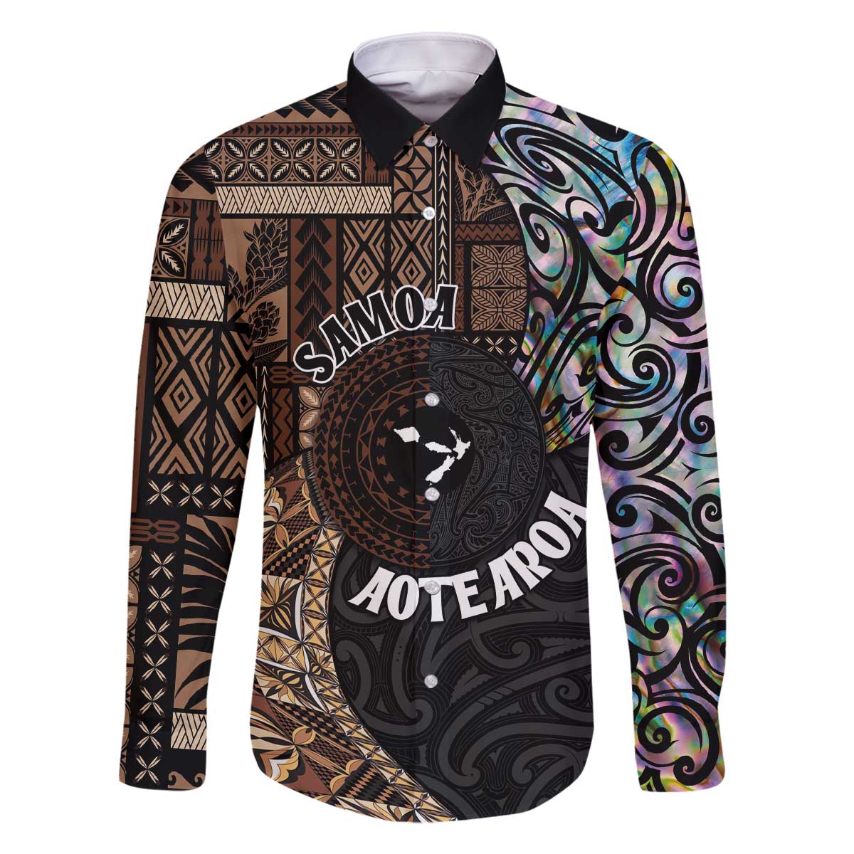 Samoa and New Zealand Together Family Matching Off Shoulder Short Dress and Hawaiian Shirt Siapo Motif and Maori Paua Shell Pattern