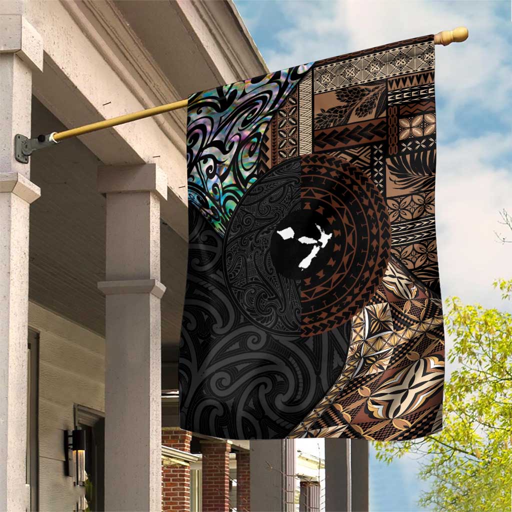 Samoa and New Zealand Together Garden Flag Siapo Motif and Maori Paua Shell Pattern LT03 House Flag Black - Polynesian Pride