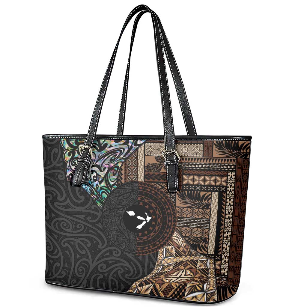Samoa and New Zealand Together Leather Tote Bag Siapo Motif and Maori Paua Shell Pattern