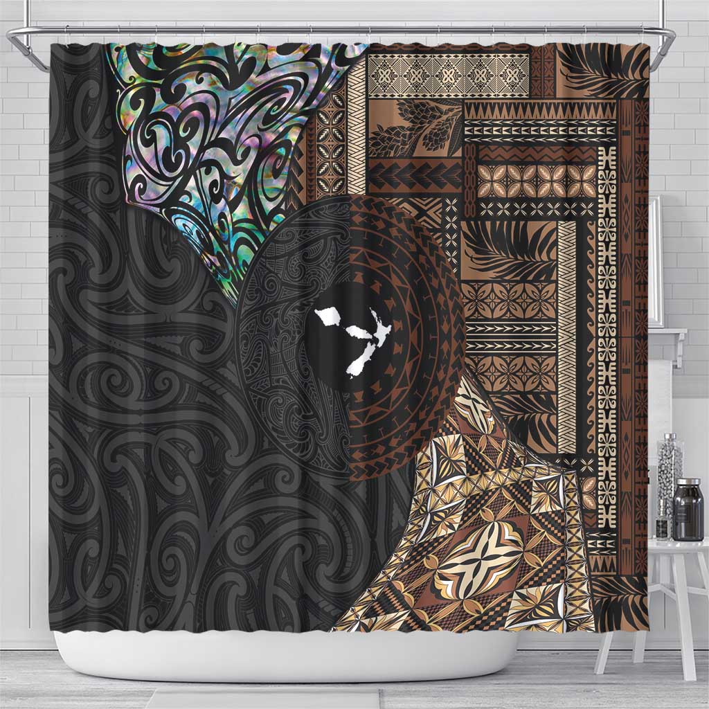 Samoa and New Zealand Together Shower Curtain Siapo Motif and Maori Paua Shell Pattern