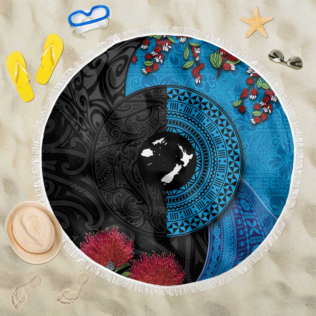 Fiji and New Zealand Together Beach Blanket Tapa Maori Tattoo mix Tagimoucia and Pohutukawa