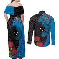 Fiji and New Zealand Together Couples Matching Off Shoulder Maxi Dress and Long Sleeve Button Shirt Tapa Maori Tattoo mix Tagimoucia and Pohutukawa
