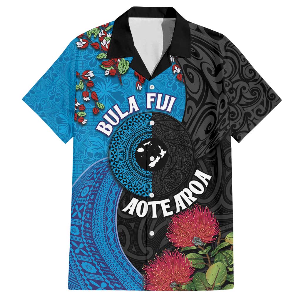 Fiji and New Zealand Together Family Matching Long Sleeve Bodycon Dress and Hawaiian Shirt Tapa Maori Tattoo mix Tagimoucia and Pohutukawa