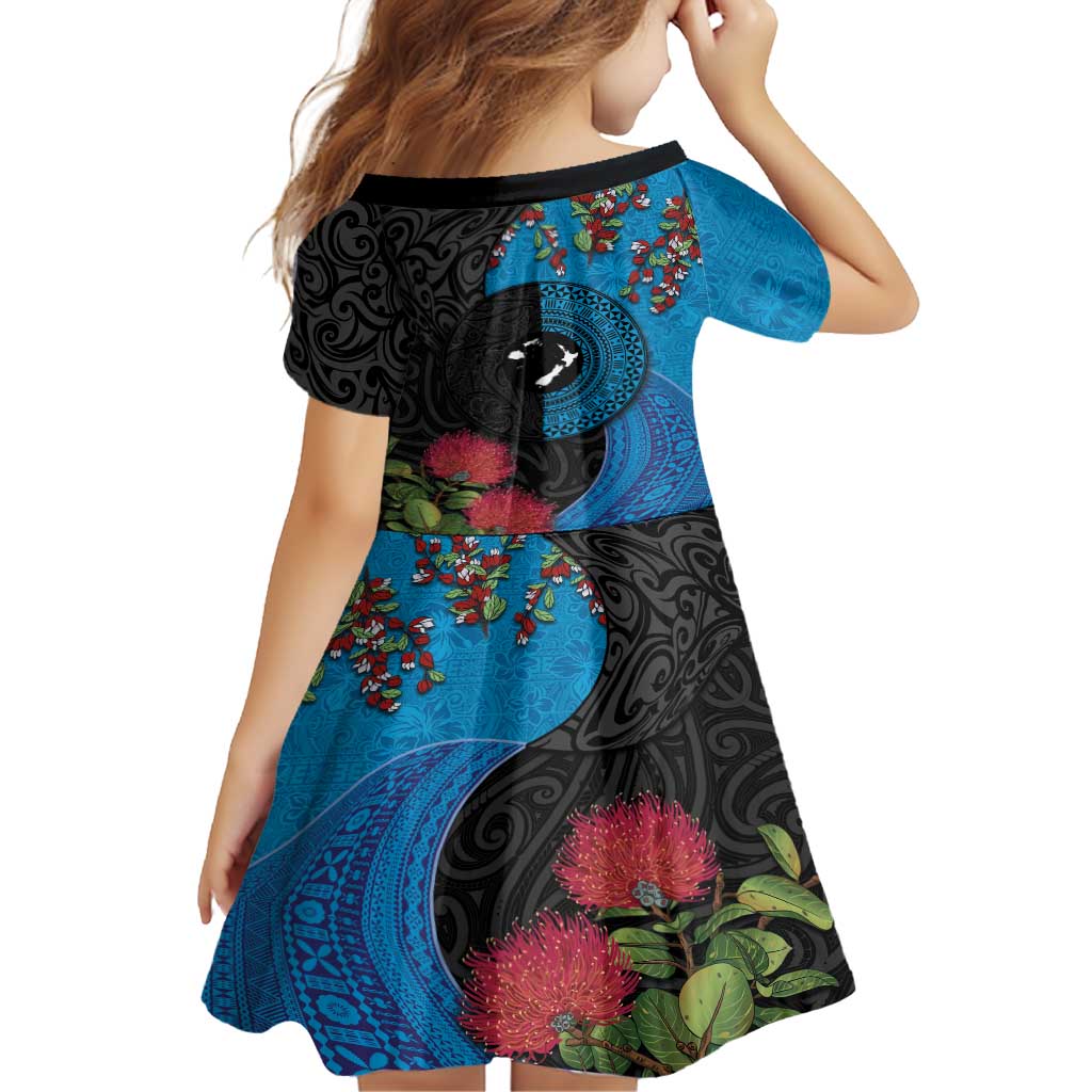 Fiji and New Zealand Together Family Matching Summer Maxi Dress and Hawaiian Shirt Tapa Maori Tattoo mix Tagimoucia and Pohutukawa