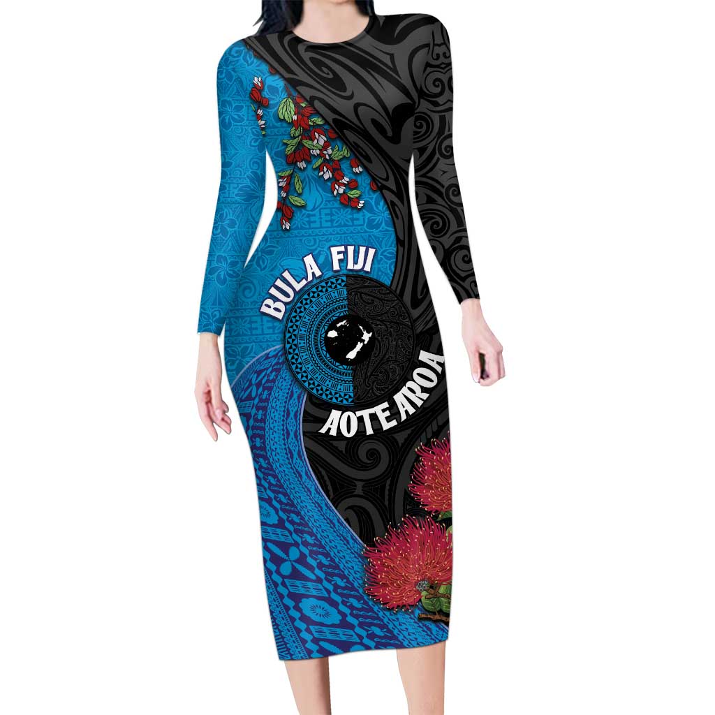 Fiji and New Zealand Together Long Sleeve Bodycon Dress Tapa Maori Tattoo mix Tagimoucia and Pohutukawa