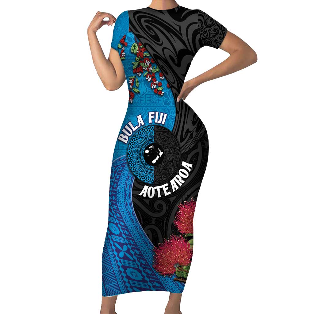 Fiji and New Zealand Together Short Sleeve Bodycon Dress Tapa Maori Tattoo mix Tagimoucia and Pohutukawa