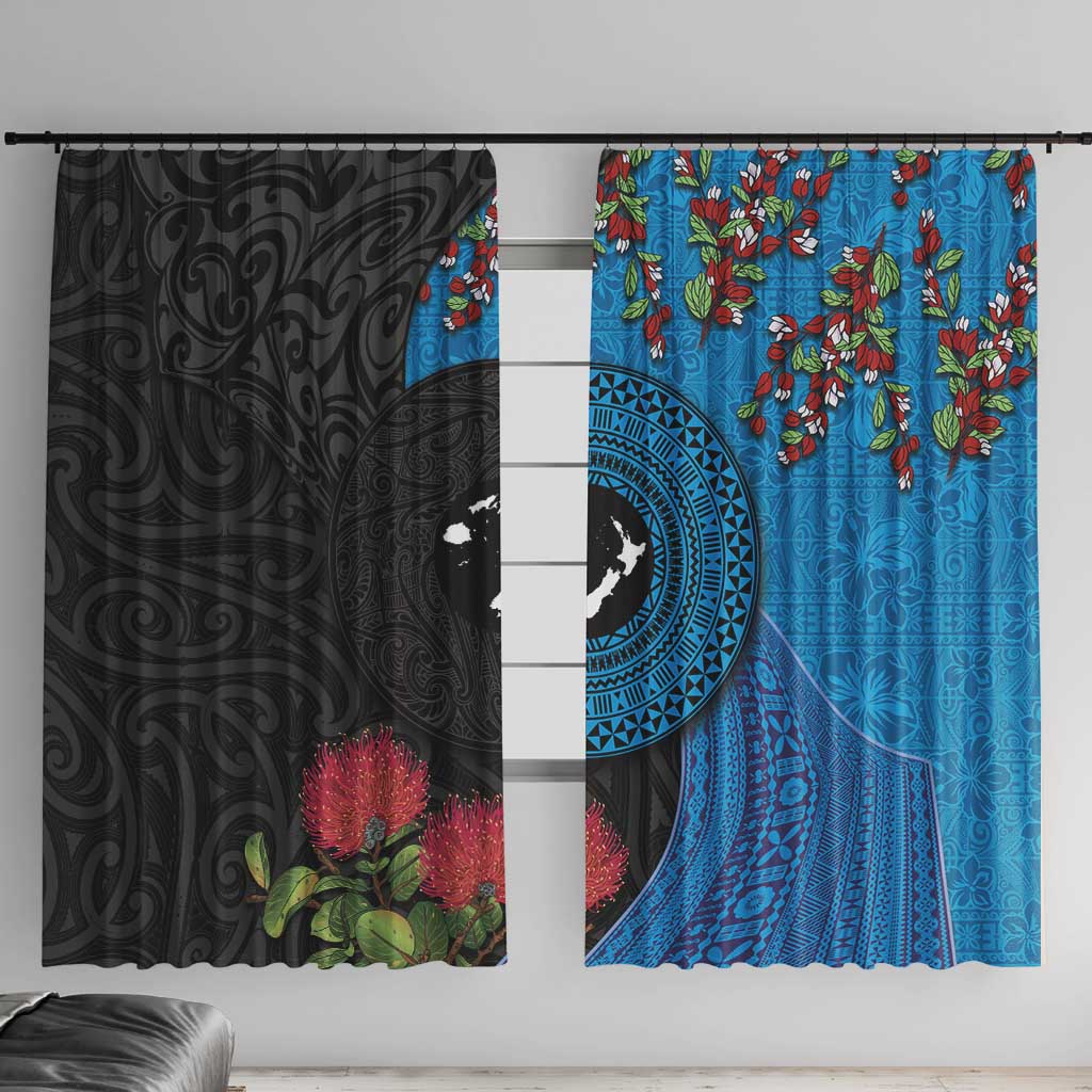 Fiji and New Zealand Together Window Curtain Tapa Maori Tattoo mix Tagimoucia and Pohutukawa