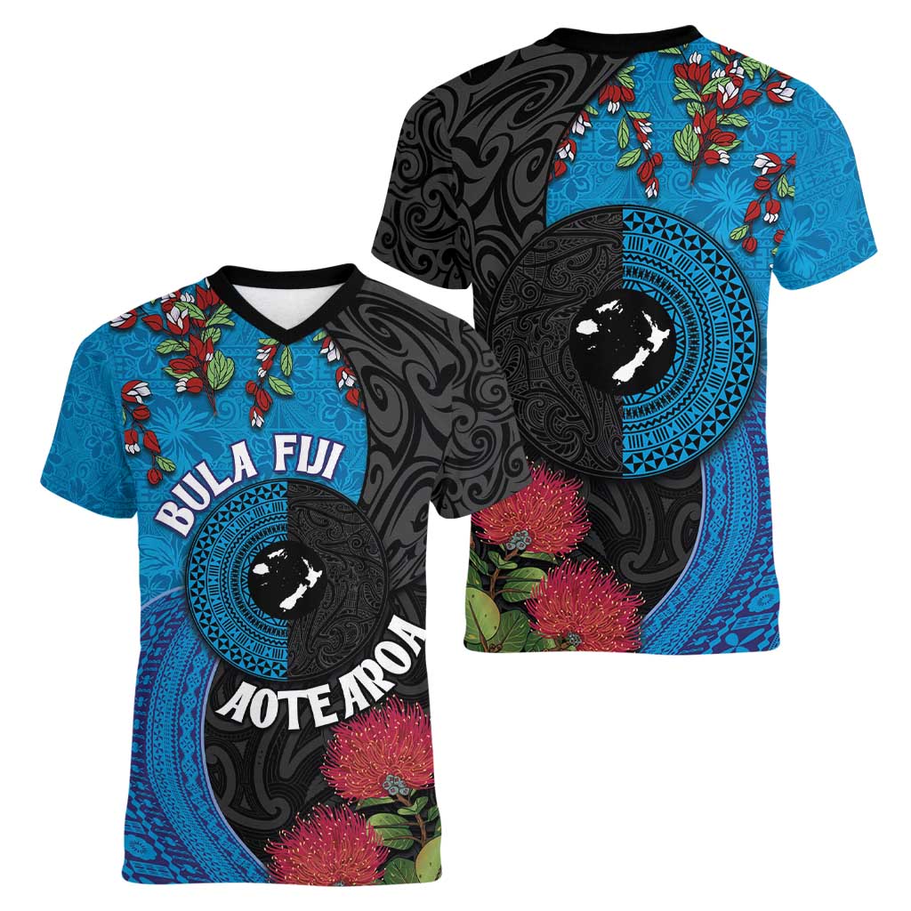 Fiji and New Zealand Together Women V-Neck T-Shirt Tapa Maori Tattoo mix Tagimoucia and Pohutukawa