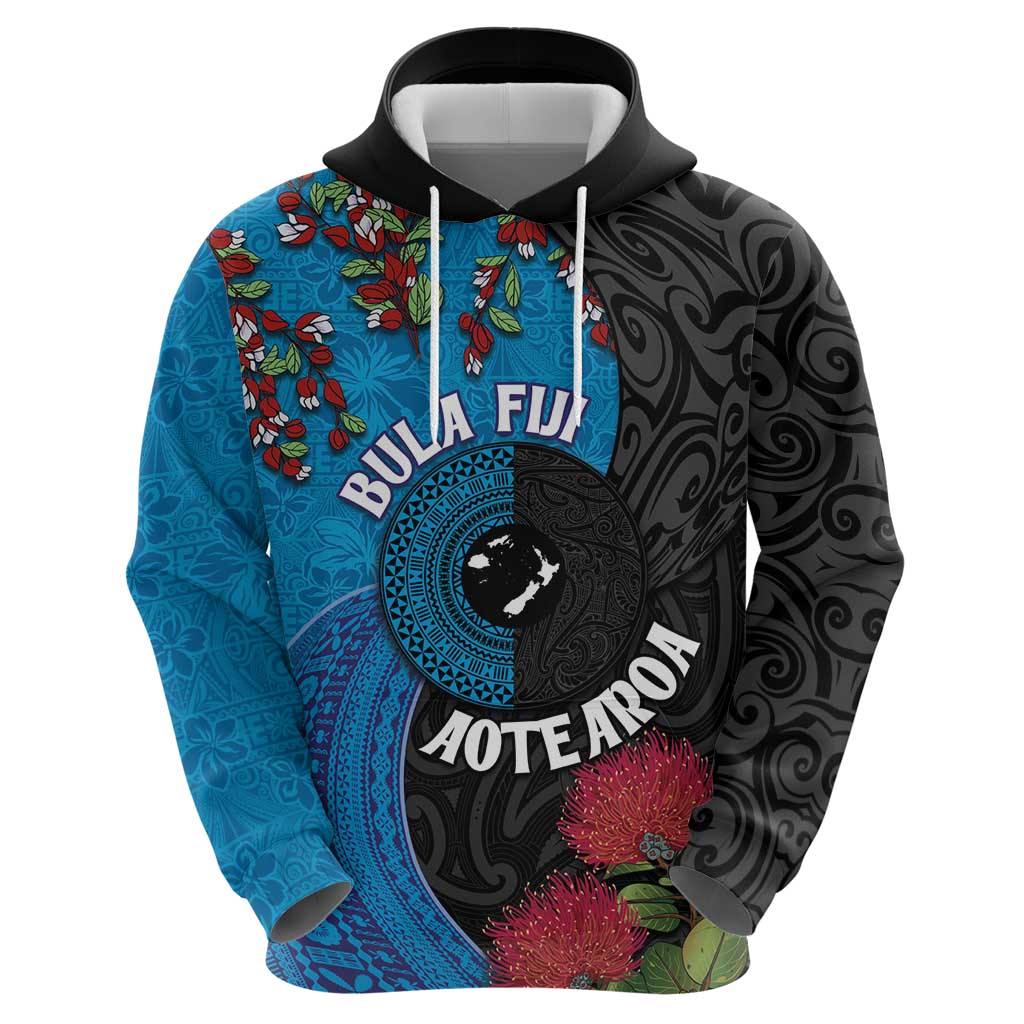 Fiji and New Zealand Together Zip Hoodie Tapa Maori Tattoo mix Tagimoucia and Pohutukawa