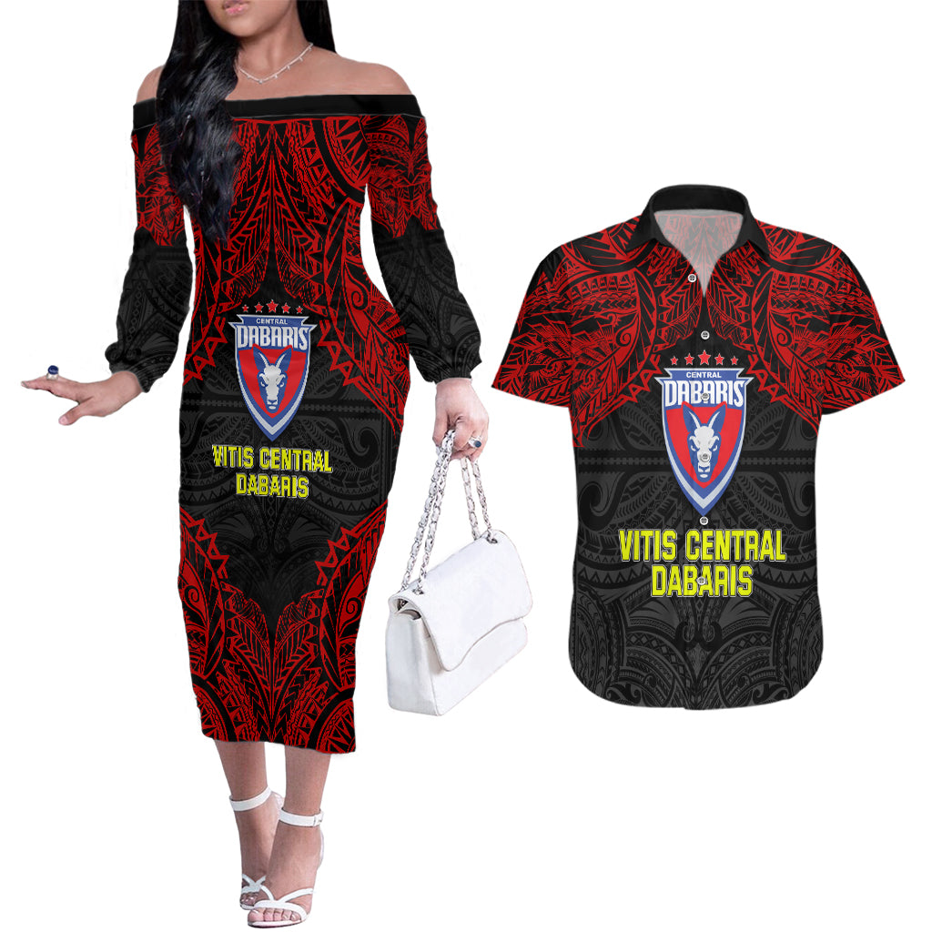 Custom Vitis Central Dabaris Rugby Couples Matching Off The Shoulder Long Sleeve Dress and Hawaiian Shirt Papua New Guinea Polynesian Tattoo LT03 Red - Polynesian Pride