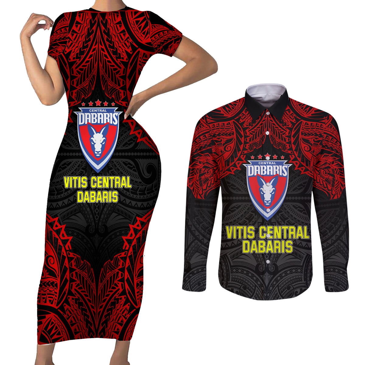 Custom Vitis Central Dabaris Rugby Couples Matching Short Sleeve Bodycon Dress and Long Sleeve Button Shirts Papua New Guinea Polynesian Tattoo LT03 Red - Polynesian Pride