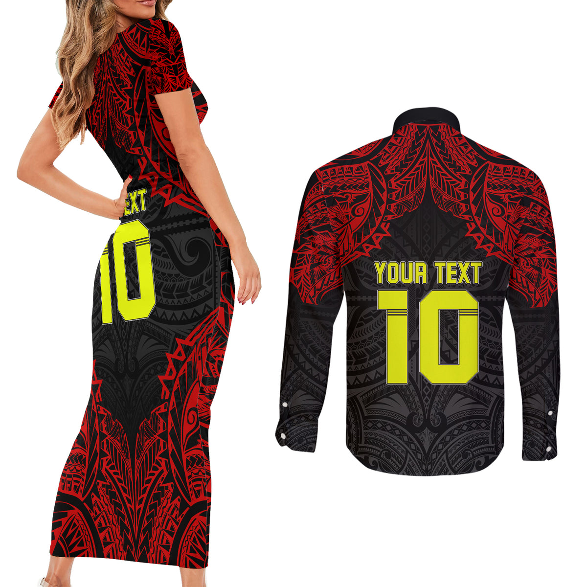 Custom Vitis Central Dabaris Rugby Couples Matching Short Sleeve Bodycon Dress and Long Sleeve Button Shirts Papua New Guinea Polynesian Tattoo LT03 - Polynesian Pride