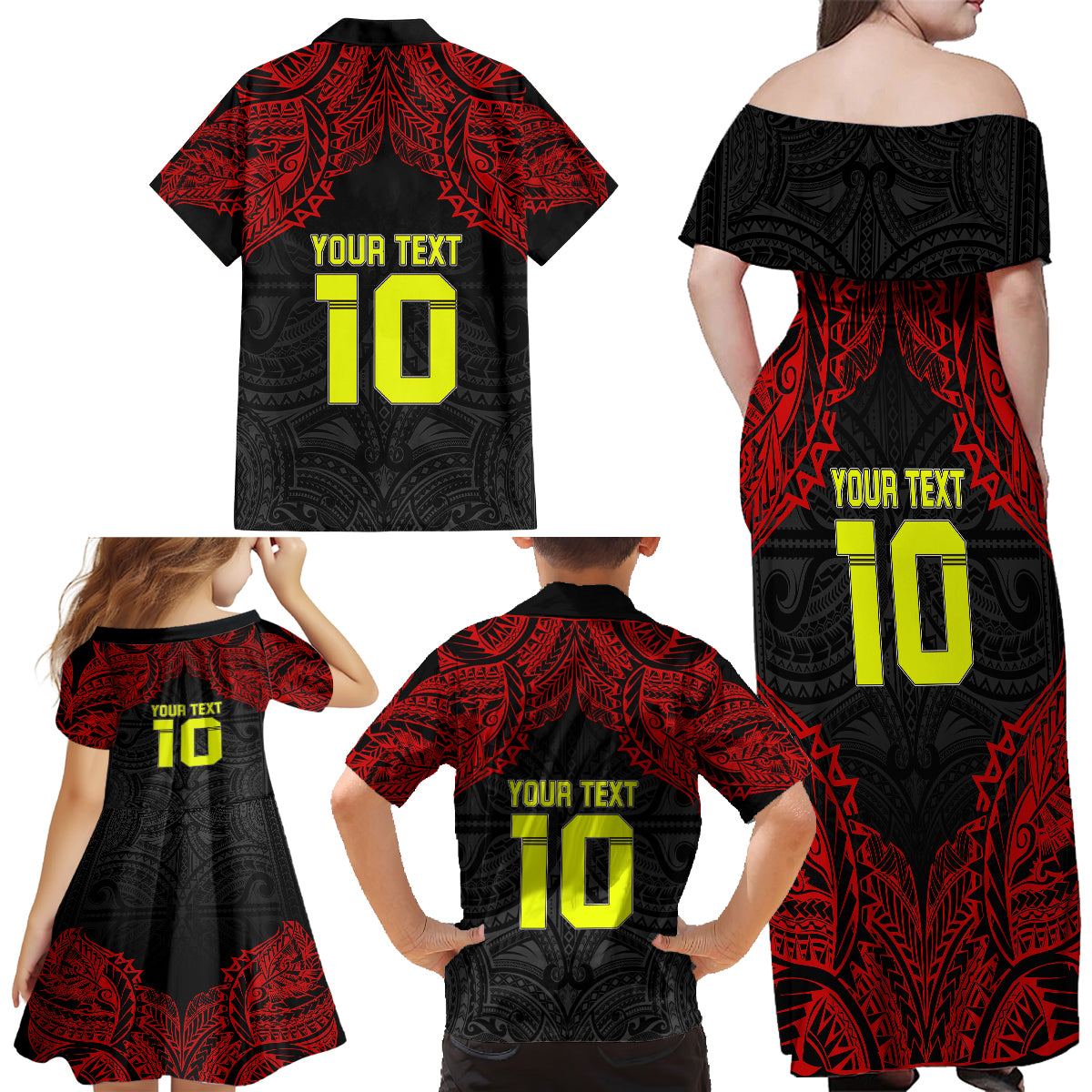 Custom Vitis Central Dabaris Rugby Family Matching Off Shoulder Long Sleeve Dress and Hawaiian Shirt Papua New Guinea Polynesian Tattoo LT03 - Polynesian Pride