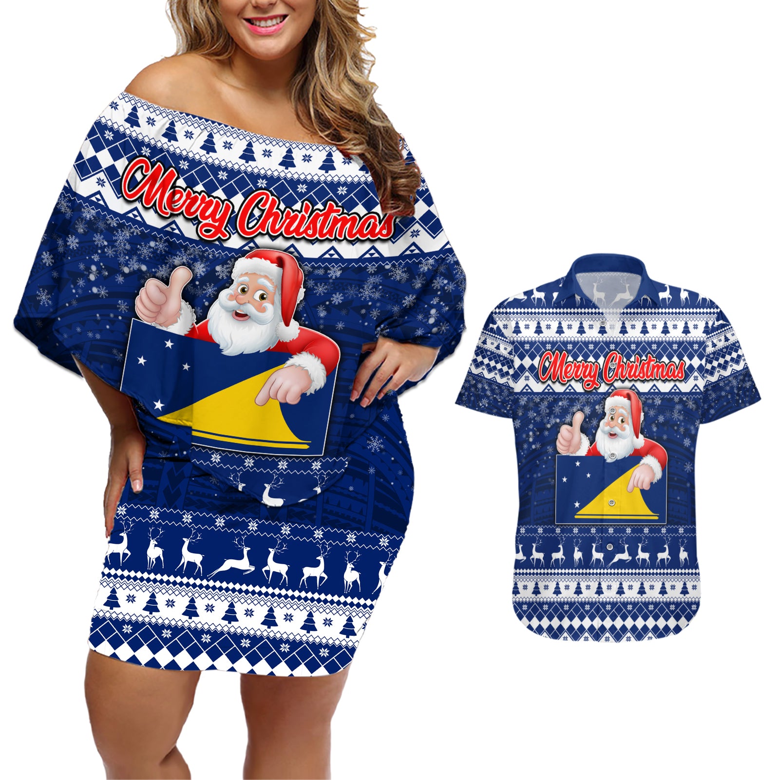 Tokelau Christmas Couples Matching Off Shoulder Short Dress and Hawaiian Shirt Santa Claus Tokelau Flag and Coat of Arms with Polynesian Pattern LT03 Blue - Polynesian Pride