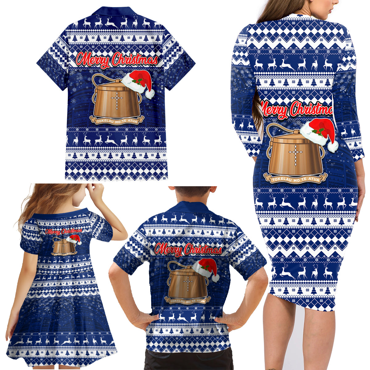Tokelau Christmas Family Matching Long Sleeve Bodycon Dress and Hawaiian Shirt Santa Claus Tokelau Flag and Coat of Arms with Polynesian Pattern LT03 - Polynesian Pride