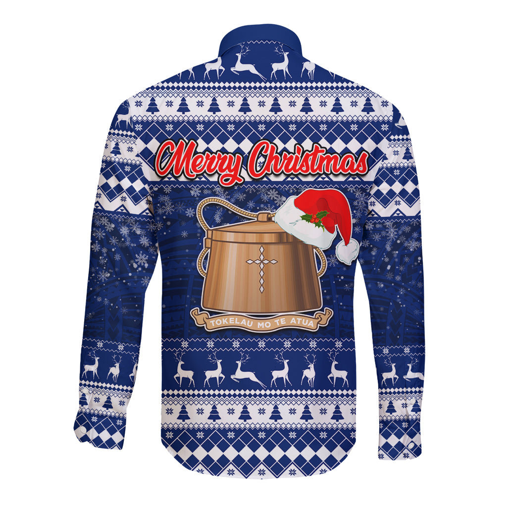 Tokelau Christmas Long Sleeve Button Shirt Santa Claus Tokelau Flag and Coat of Arms with Polynesian Pattern LT03 - Polynesian Pride