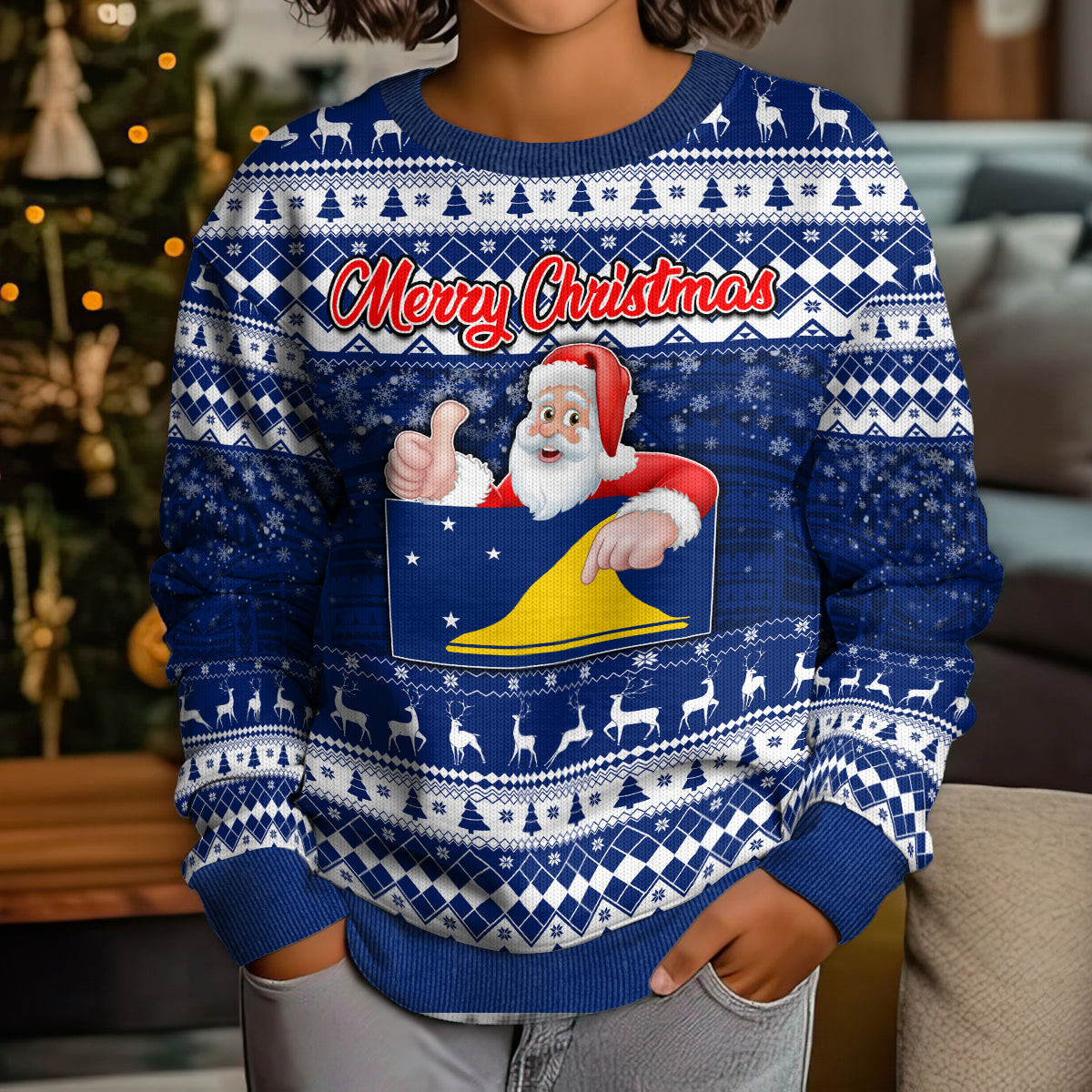 Personalised Tokelau Christmas Kid Ugly Christmas Sweater Santa Claus Tokelau Flag and Coat of Arms with Polynesian Pattern LT03 - Polynesian Pride