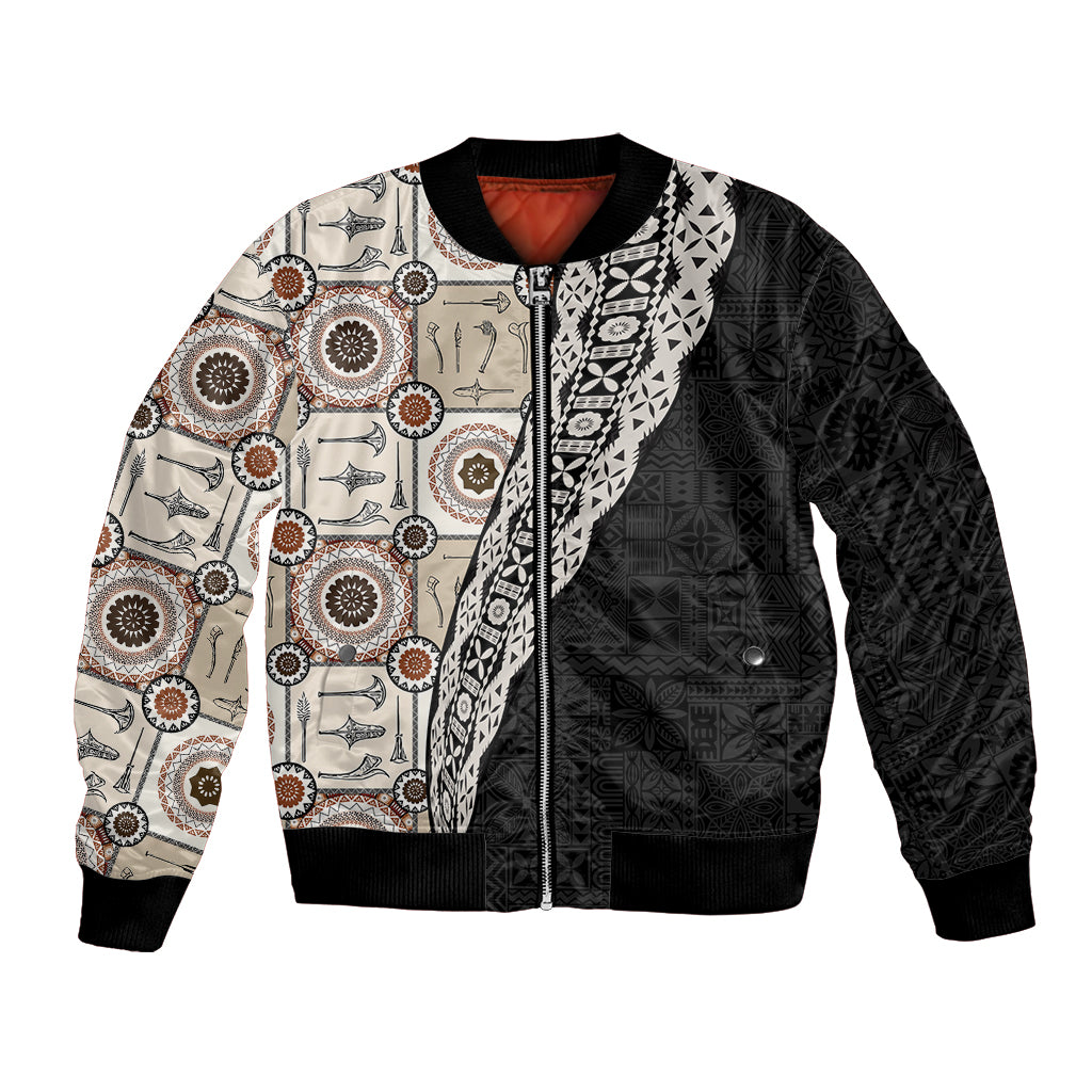 Tukenny Pattern Fijian War Clubs Mix Tapa Tribal Bomber Jacket LT03 Unisex Beige - Polynesian Pride