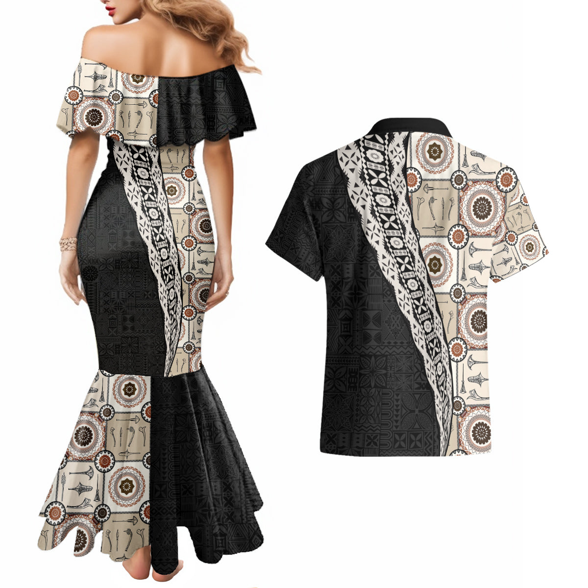 Tukenny Pattern Fijian War Clubs Mix Tapa Tribal Couples Matching Mermaid Dress and Hawaiian Shirt LT03 - Polynesian Pride
