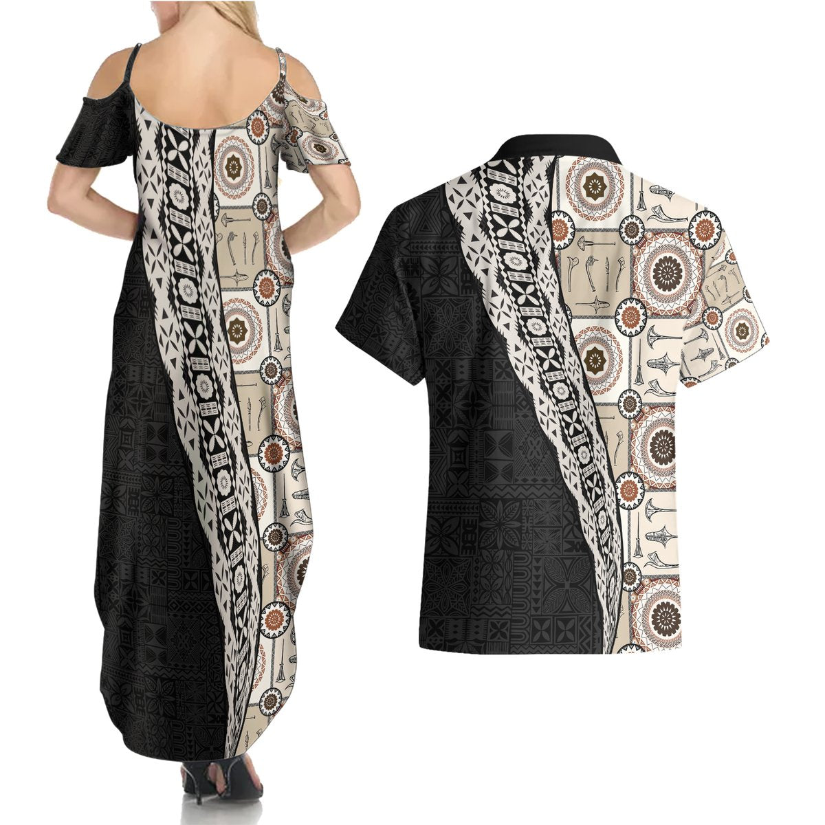 Tukenny Pattern Fijian War Clubs Mix Tapa Tribal Couples Matching Summer Maxi Dress and Hawaiian Shirt LT03 - Polynesian Pride