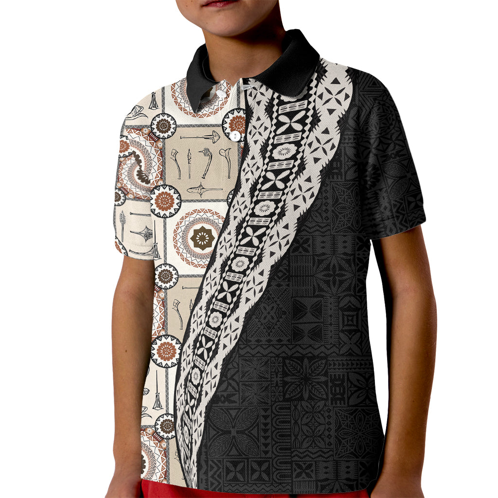 Tukenny Pattern Fijian War Clubs Mix Tapa Tribal Kid Polo Shirt LT03 Kid Beige - Polynesian Pride