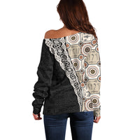 Tukenny Pattern Fijian War Clubs Mix Tapa Tribal Off Shoulder Sweater LT03 - Polynesian Pride