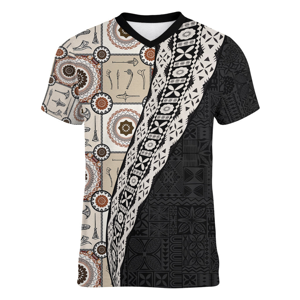 Tukenny Pattern Fijian War Clubs Mix Tapa Tribal Women V Neck T Shirt LT03 Female Beige - Polynesian Pride