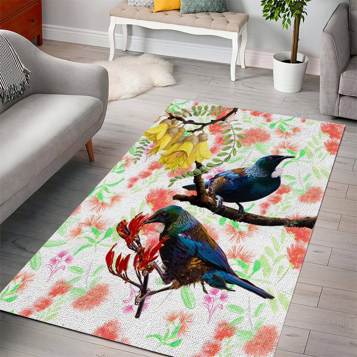 New Zealand Pohutukawa Tui Bird Area Rug Kowhai Version LT03 - Polynesian Pride