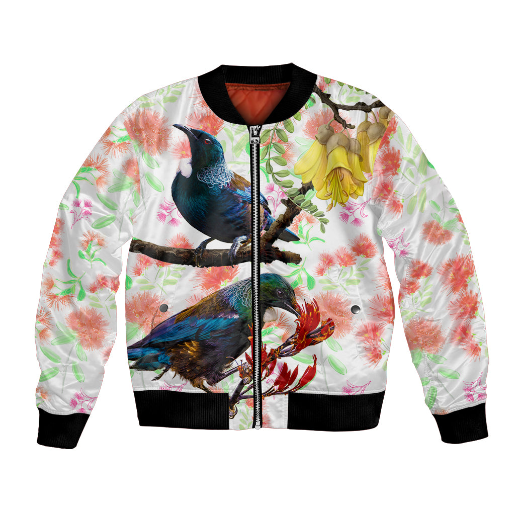 New Zealand Pohutukawa Tui Bird Bomber Jacket Kowhai Version LT03 Unisex White - Polynesian Pride