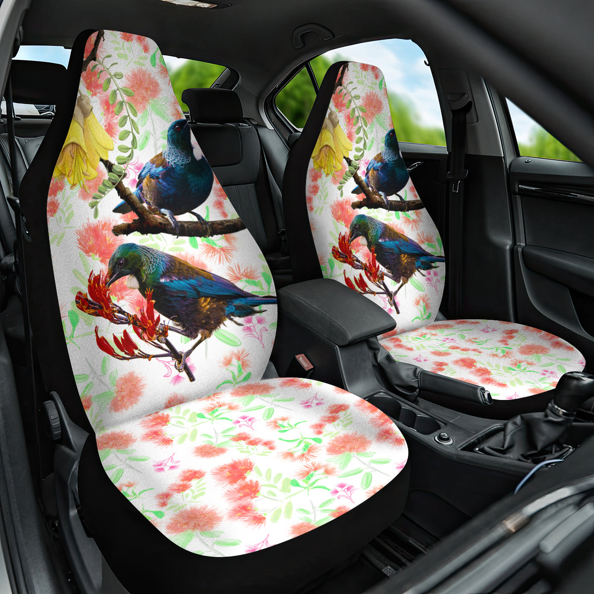 New Zealand Pohutukawa Tui Bird Car Seat Cover Kowhai Version LT03 One Size White - Polynesian Pride